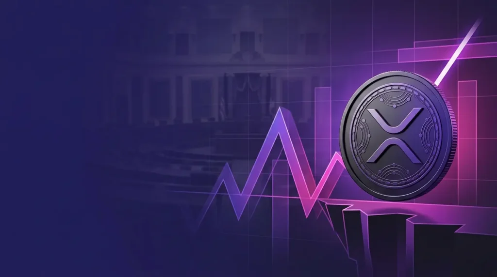 XRP-inspired coin beside a volatile price chart and abstract regulatory backdrop