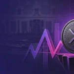XRP-inspired coin beside a volatile price chart and abstract regulatory backdrop
