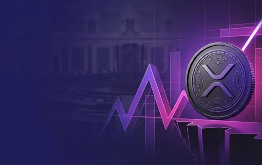 XRP-inspired coin beside a volatile price chart and abstract regulatory backdrop