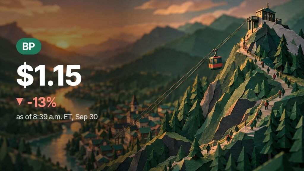 Paper-cut mountain at sunset: a small red cable car glides back down from a summit station while tiny figures walk down a winding path.