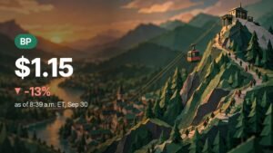 Paper-cut mountain at sunset: a small red cable car glides back down from a summit station while tiny figures walk down a winding path.