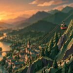 Paper-cut mountain at sunset: a small red cable car glides back down from a summit station while tiny figures walk down a winding path.