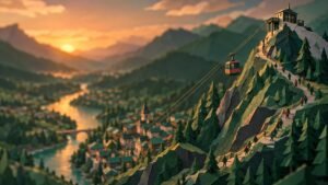 Paper-cut mountain at sunset: a small red cable car glides back down from a summit station while tiny figures walk down a winding path.