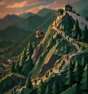Paper-cut mountain at sunset: a small red cable car glides back down from a summit station while tiny figures walk down a winding path.