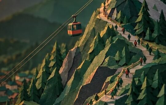 Paper-cut mountain at sunset: a small red cable car glides back down from a summit station while tiny figures walk down a winding path.
