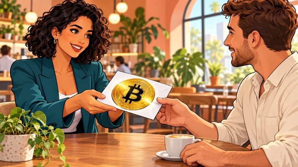 Illustration: a woman hands a man a card with a bitcoin symbol across a café table