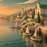 Paper-cut harbor town at sunset, sailboats resting low beside a stone quay as small figures carry baskets past a green-roofed granary