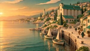 Paper-cut harbor town at sunset, sailboats resting low beside a stone quay as small figures carry baskets past a green-roofed granary