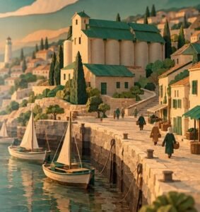 Paper-cut harbor town at sunset, sailboats resting low beside a stone quay as small figures carry baskets past a green-roofed granary