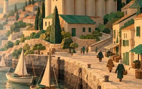Paper-cut harbor town at sunset, sailboats resting low beside a stone quay as small figures carry baskets past a green-roofed granary