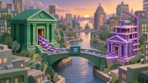 Paper-cut city at sunset: purple coins flow out of a green bank across a bridge with the Solana logo into a purple bank that a crane is extending.