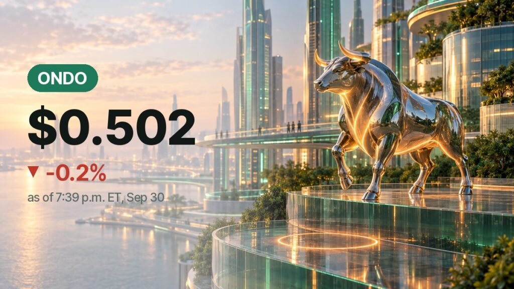 A polished chrome bull sculpture steps onto a higher glass terrace above a green-lit future city at dusk, a glowing ring marking its earlier spot below.