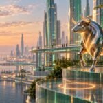 A polished chrome bull sculpture steps onto a higher glass terrace above a green-lit future city at dusk, a glowing ring marking its earlier spot below.