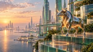 A polished chrome bull sculpture steps onto a higher glass terrace above a green-lit future city at dusk, a glowing ring marking its earlier spot below.