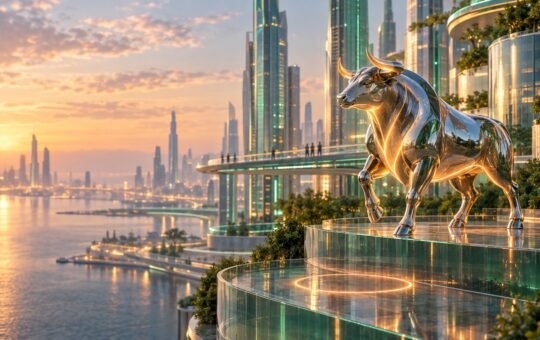 A polished chrome bull sculpture steps onto a higher glass terrace above a green-lit future city at dusk, a glowing ring marking its earlier spot below.