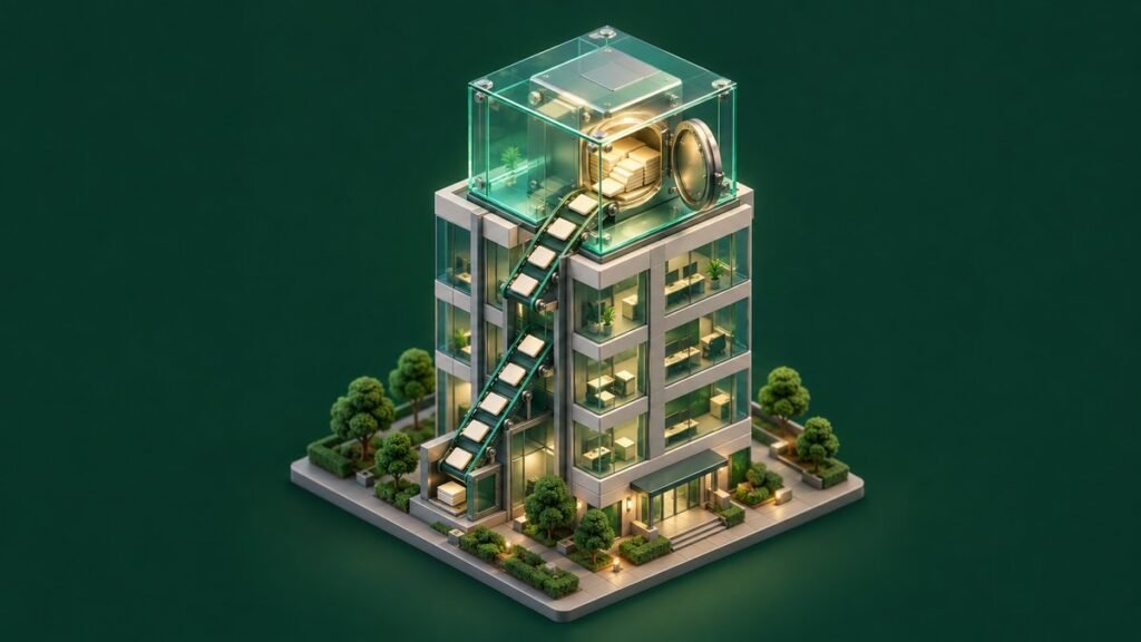A miniature office tower with a glass safe on its roof, fed by a conveyor carrying pale tiles up from the lower floors.