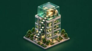 A miniature office tower with a glass safe on its roof, fed by a conveyor carrying pale tiles up from the lower floors.