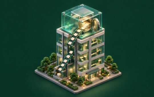 A miniature office tower with a glass safe on its roof, fed by a conveyor carrying pale tiles up from the lower floors.