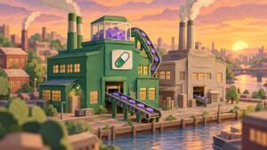 Paper-cut riverside at sunset: a busy green factory with a pill-shaped sign sends coins out on a conveyor and loops some back into a vault on its roof, next to a quieter factory.