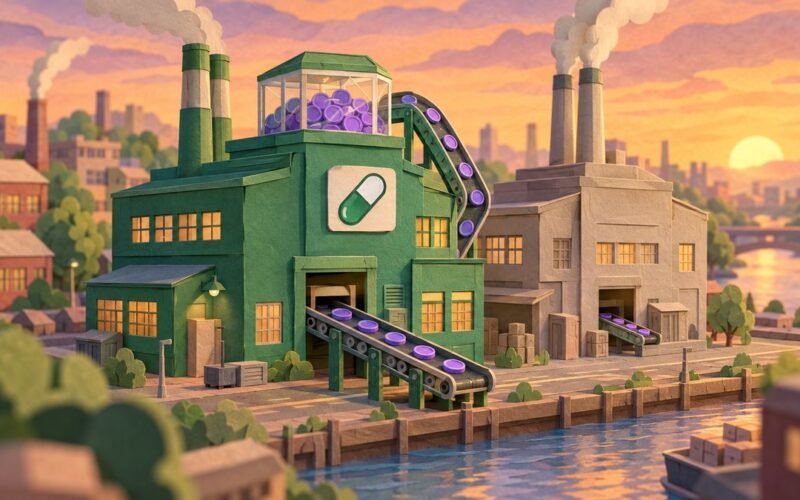 Paper-cut riverside at sunset: a busy green factory with a pill-shaped sign sends coins out on a conveyor and loops some back into a vault on its roof, next to a quieter factory.