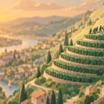 Paper-cut vineyard hillside at sunset: small figures push a cart onto the top of seven terraces, with a dashed outline of a higher terrace above.