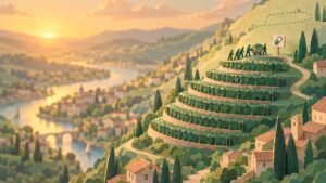 Paper-cut vineyard hillside at sunset: small figures push a cart onto the top of seven terraces, with a dashed outline of a higher terrace above.