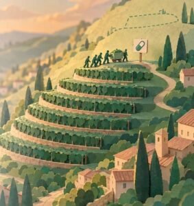 Paper-cut vineyard hillside at sunset: small figures push a cart onto the top of seven terraces, with a dashed outline of a higher terrace above.
