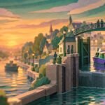 Paper-cut canal lock at sunset: a small green and purple boat sits one step higher in the lock while figures watch from a footbridge.