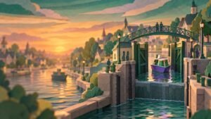 Paper-cut canal lock at sunset: a small green and purple boat sits one step higher in the lock while figures watch from a footbridge.