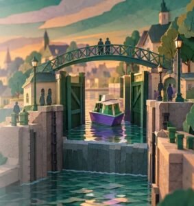 Paper-cut canal lock at sunset: a small green and purple boat sits one step higher in the lock while figures watch from a footbridge.