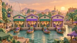Paper-cut canal market at sunset: four market halls of nearly equal height trade coins, beside a dashed outline of a taller tower that once stood there.