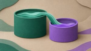 Two layered paper reservoirs, a green one pouring a paper stream into a smaller purple one on a warm paper background.