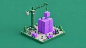 A miniature construction crane lowers a purple block onto a tidy stack of purple blocks while small workers look on.