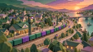 Paper-cut railway at sunset: a long train of green and purple cars runs close together past a small station with a Solana sign, watched from signal towers.