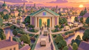 Paper-cut city square at sunset: a new columned mint with open doors and a small Solana sign, carts arriving on five equal roads as small figures queue inside.