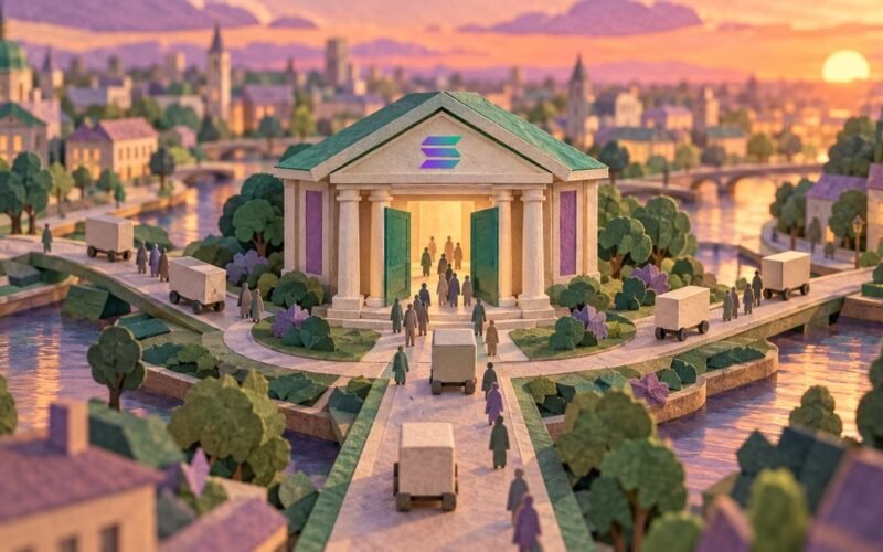 Paper-cut city square at sunset: a new columned mint with open doors and a small Solana sign, carts arriving on five equal roads as small figures queue inside.