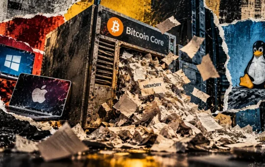 A Bitcoin Core server overflows with memory papers beside Windows and Apple laptops, while a Linux penguin appears on a separate panel.