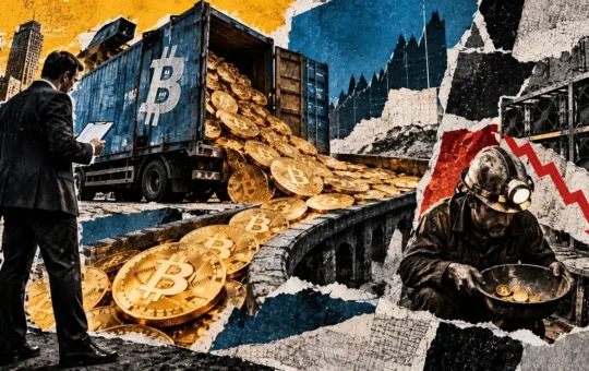 Editorial collage depicting a Bitcoin freight truck unloading valuable cargo as a mining worker receives comparatively few coins.