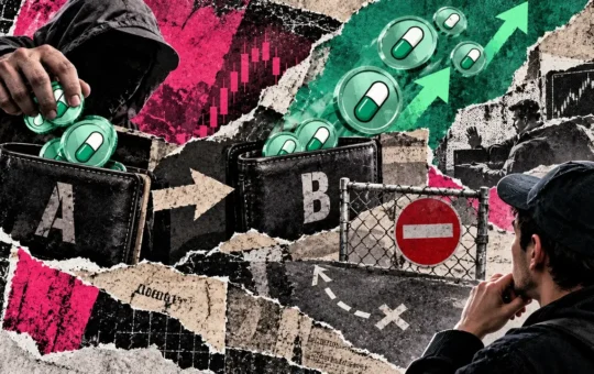An editorial collage of tokens moving between wallets A and B while a copy trader faces a fenced barrier marked with a no-entry sign.