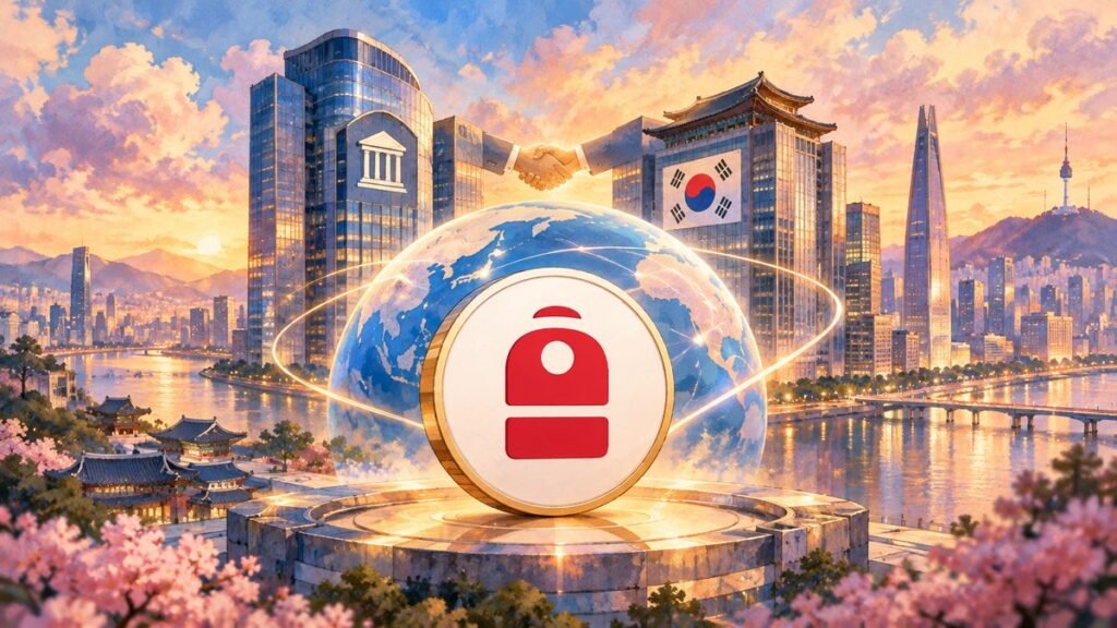 A painted future financial quarter at golden hour with a large coin bearing Backpack's red backpack logo at its center.