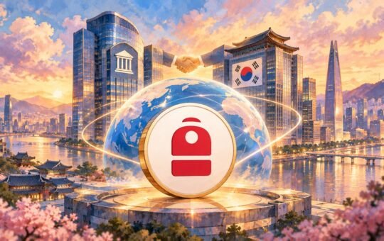 A painted future financial quarter at golden hour with a large coin bearing Backpack's red backpack logo at its center.