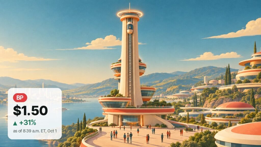 Retro-future travel poster scene: an elevator capsule rests near the top of a tall cream observation tower under a glowing ring, above a sunny lakeside town.