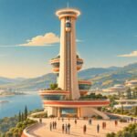 Retro-future travel poster scene: an elevator capsule rests near the top of a tall cream observation tower under a glowing ring, above a sunny lakeside town.
