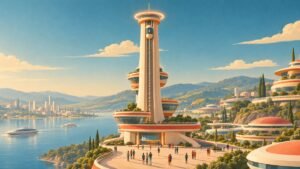 Retro-future travel poster scene: an elevator capsule rests near the top of a tall cream observation tower under a glowing ring, above a sunny lakeside town.
