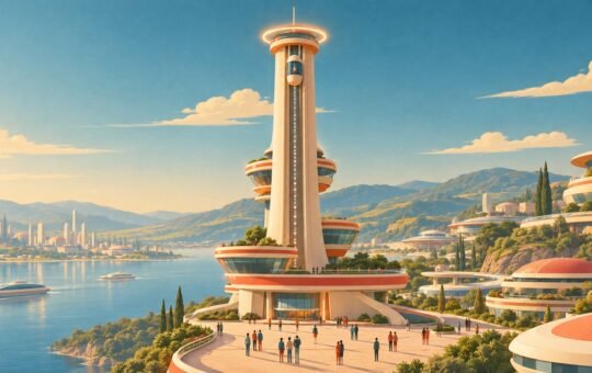 Retro-future travel poster scene: an elevator capsule rests near the top of a tall cream observation tower under a glowing ring, above a sunny lakeside town.