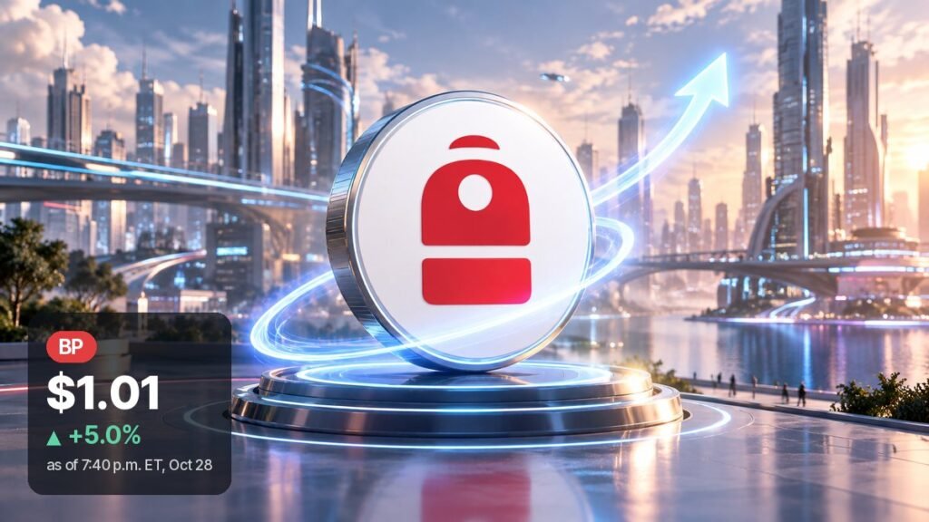A white coin with the red Backpack Exchange logo stands on a glowing chrome pedestal in a future city by the water, ringed by a rising blue light trail.