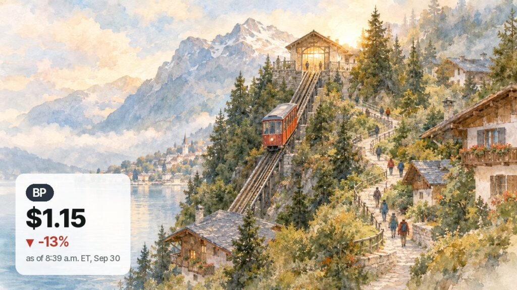 Watercolor alpine lake town with a red funicular car partway down the slope as walkers head downhill