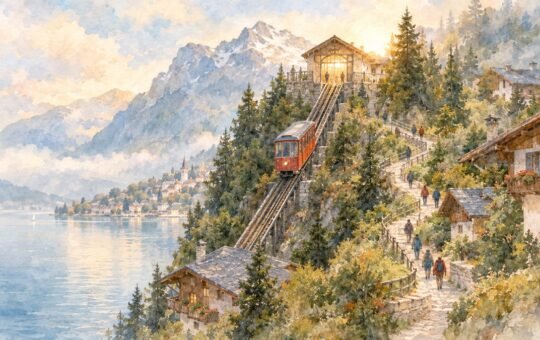 Watercolor alpine lake town with a red funicular car partway down the slope as walkers head downhill