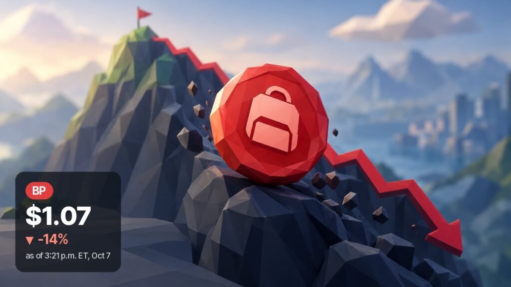 Low-poly illustration of a large red coin with a backpack emblem resting on dark rocks partway down a mountain, below a flag on the summit, with a red zigzag line running downhill.
