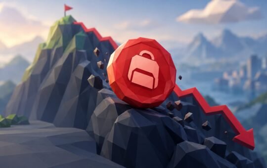Low-poly illustration of a large red coin with a backpack emblem resting on dark rocks partway down a mountain, below a flag on the summit, with a red zigzag line running downhill.